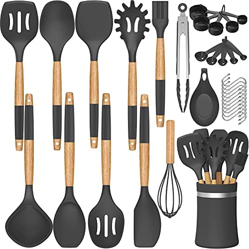 33 PCS Silicone Kitchen Utensils Set, Umite Chef Heat Resistant Cooking Utensils Set With Holder, Wooden Handle Kitchen Gadgets Tools Spatula Set for Nonstick Cookware(BPA Free & Grey)